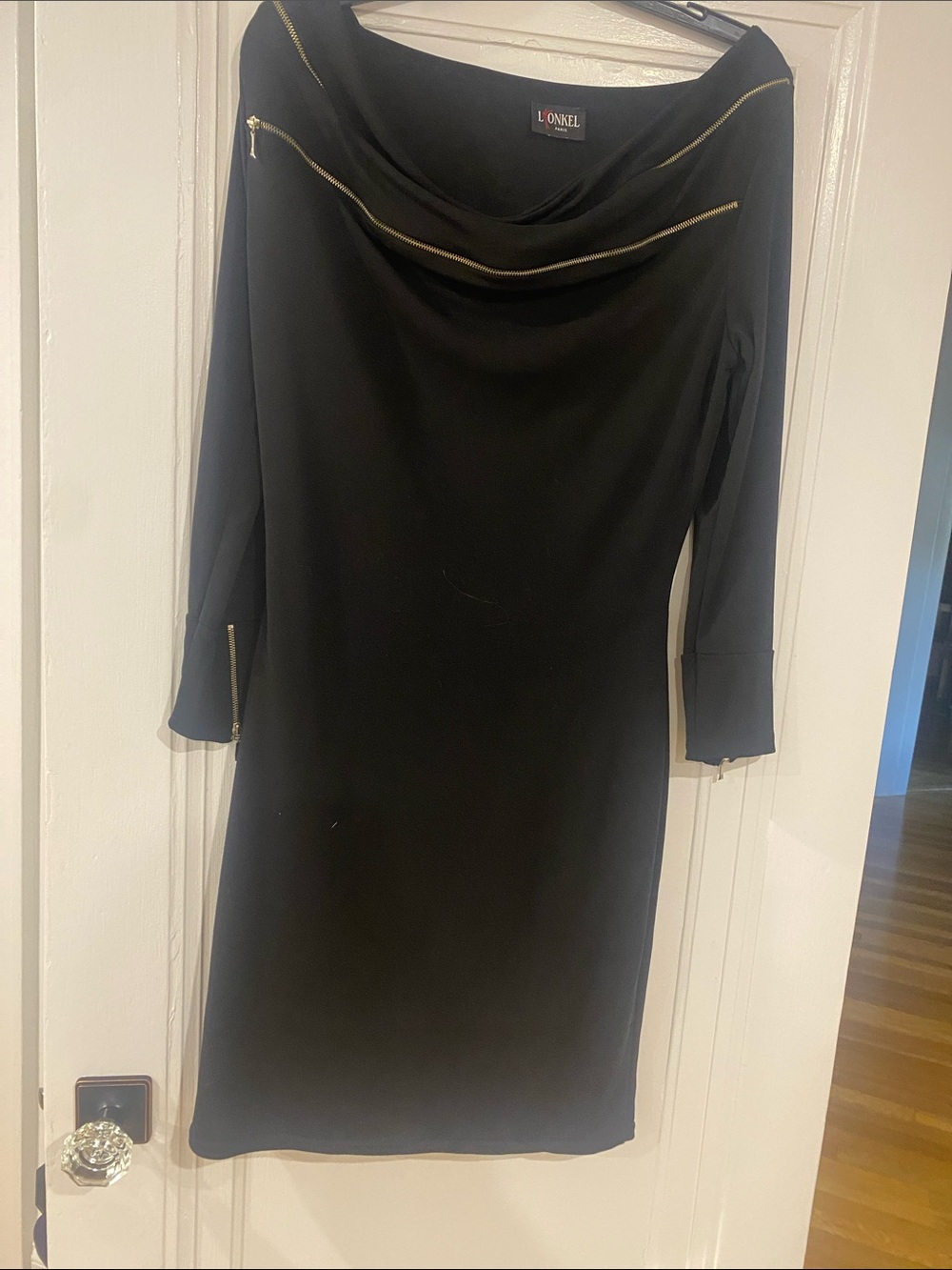 Black Boatneck Sheath Dress with Gold Zippers